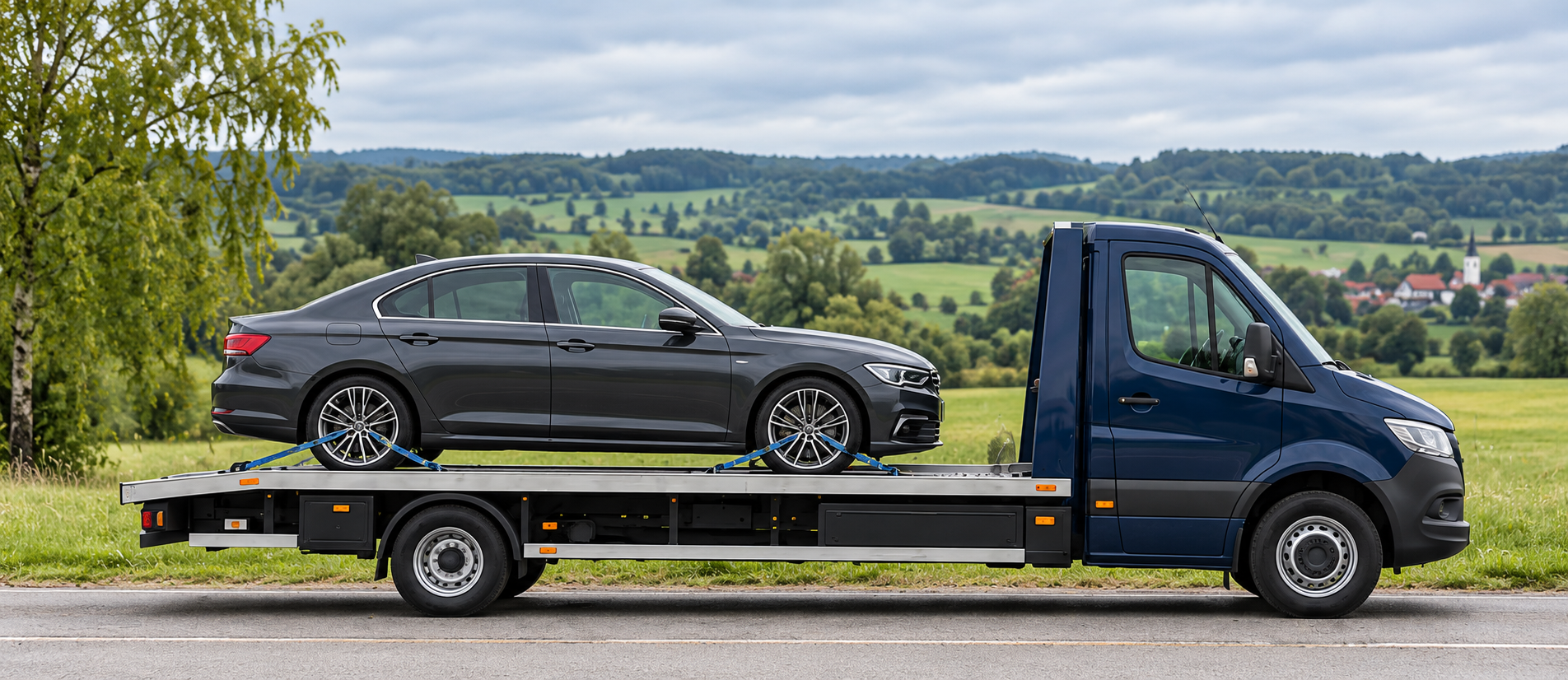 Abschleppwagen mit einem Auto, vollständig seitlich dargestellt
